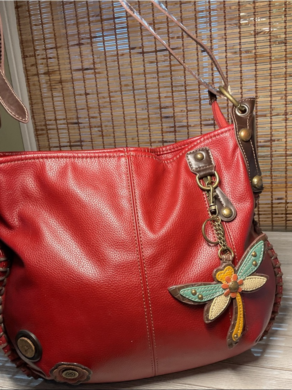 CHALA Whipstitch Boho Crossbody Hobo Bag w/dragonfly charm Red